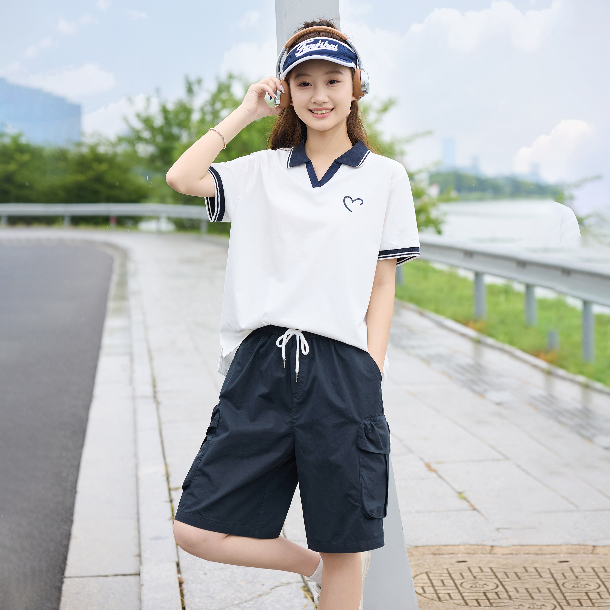 休闲T恤初中生白色POLO衫女学生