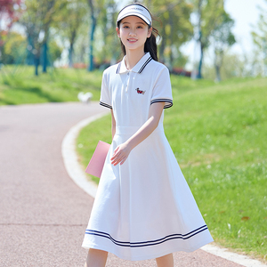 初中生少女连衣裙夏季A字裙大童女学生polo翻领裙子学院风中长款