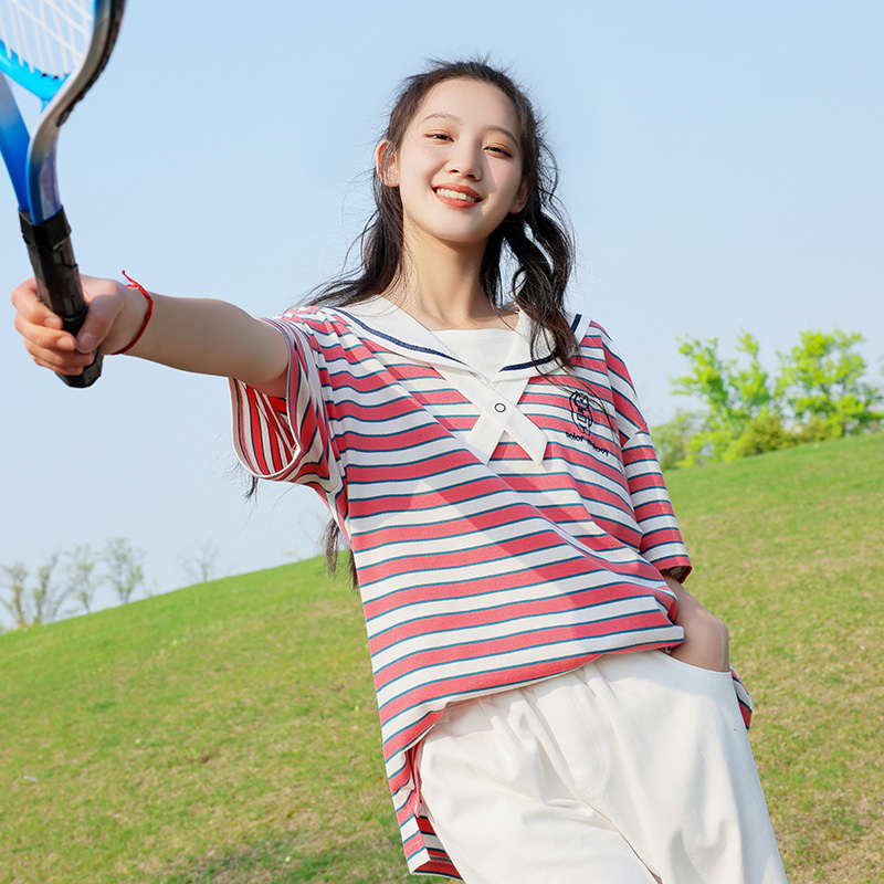 色彩旋律短袖休闲撞色条纹宽松