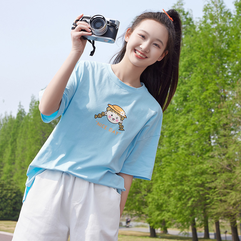 初中生T恤短袖少女高中学生2025年夏季新品13岁套装七分裤两件套