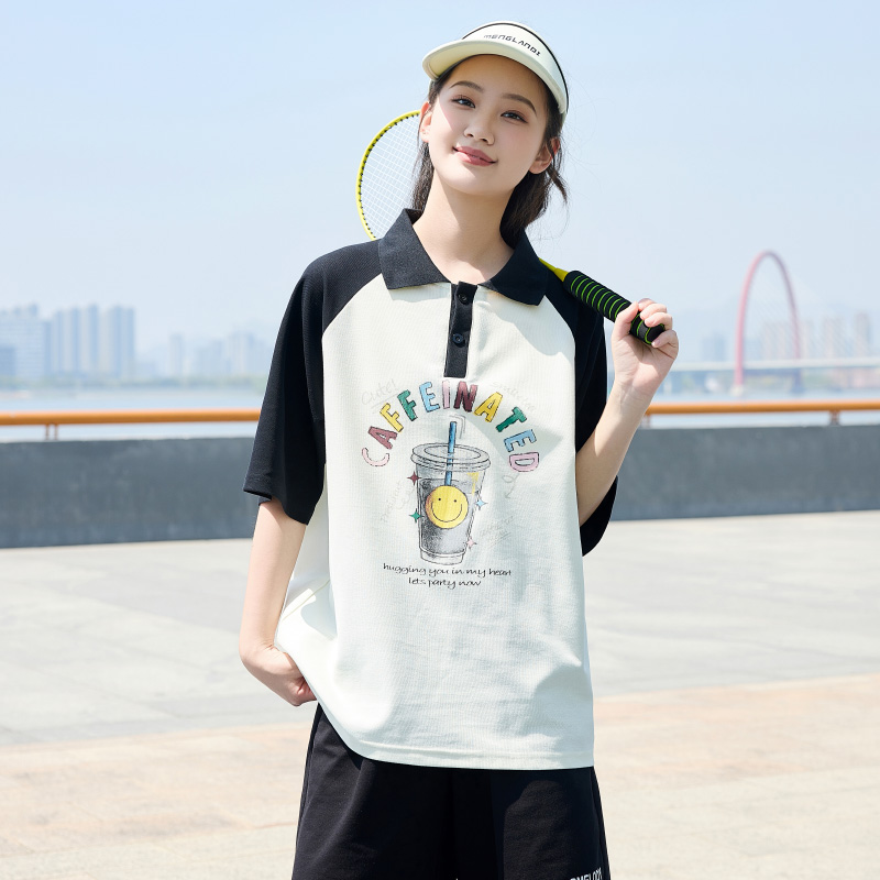 初中生polo衫T恤时尚休闲运动套装女韩版印花宽松短裤跑步两件套