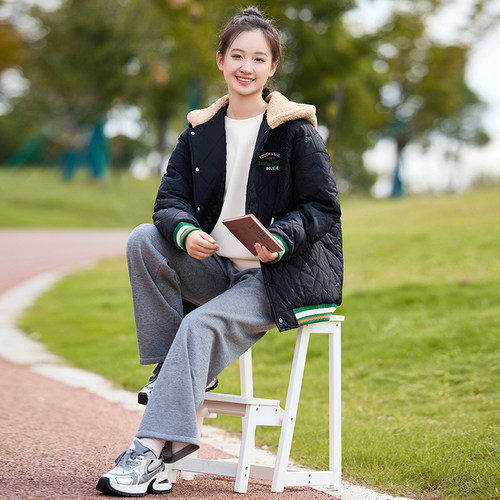 棉服外套高初中学生2026冬季新大童棒球服少女棉袄菱形格棉衣套装