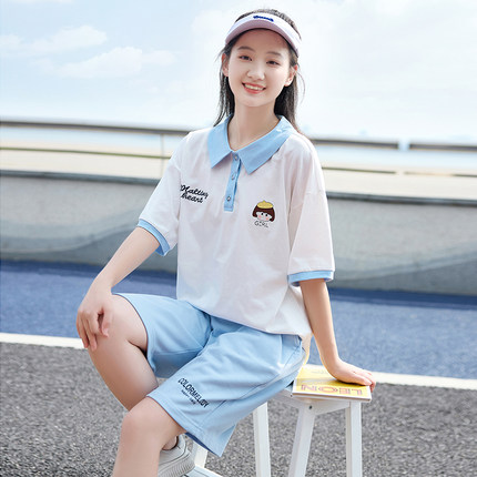 初中生夏装套装女纯棉短袖T恤POLO领13岁学生装夏季两件套高中生