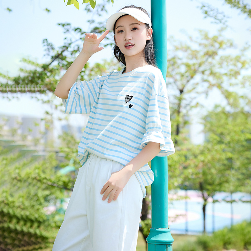 初中生少女短袖T恤夏季新款大童女学生休闲套装百搭宽松纯棉上衣