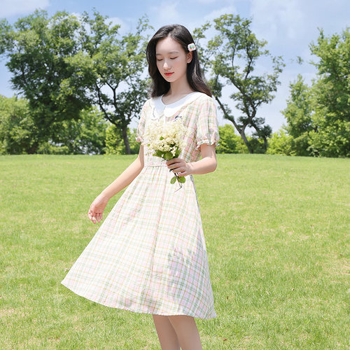 少女风连衣裙纯棉撞色格子绣花