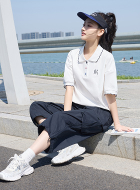 休闲运动套装T恤初中生白色POLO衫女学生夏季小翻领纽扣t恤两件套