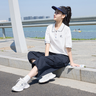 休闲运动套装T恤初中生白色POLO衫女学生夏季小翻领纽扣t恤两件套