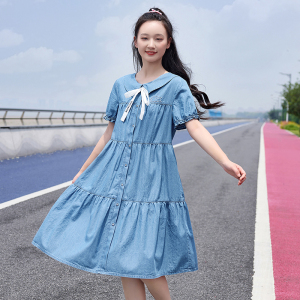 少女牛仔连衣裙薄款大童夏装新款高初中生15岁女孩时尚裙子学院风
