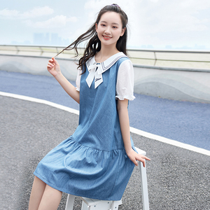 少女牛仔连衣裙大童夏装新款高中初中生15岁女孩时尚裙子学院风