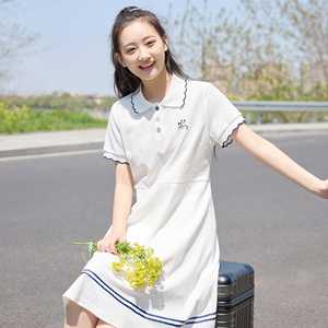高中生POLO领连衣裙女生白色学院风中长款少女甜美小清新收腰裙子