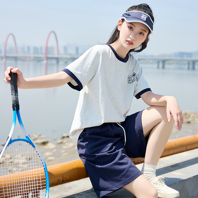 少女休闲运动套装夏季大童两件套女学生圆领短袖T恤短裤初中生女
