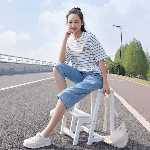 纯棉2023夏季小熊绣花T恤条纹