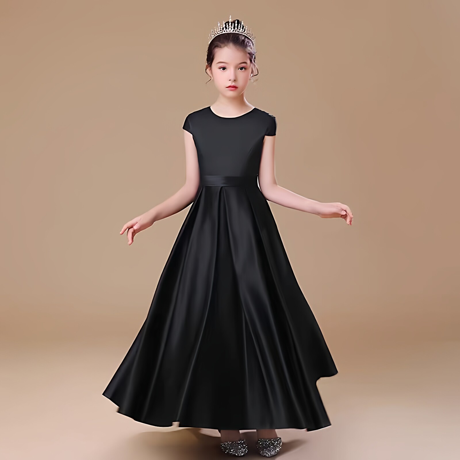 黑色女孩小提琴半袖演出服主持人女童礼服管弦乐团大合唱春夏长裙