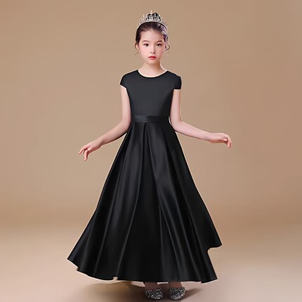 黑色女孩小提琴半袖演出服主持人女童礼服管弦乐团大合唱春夏长裙