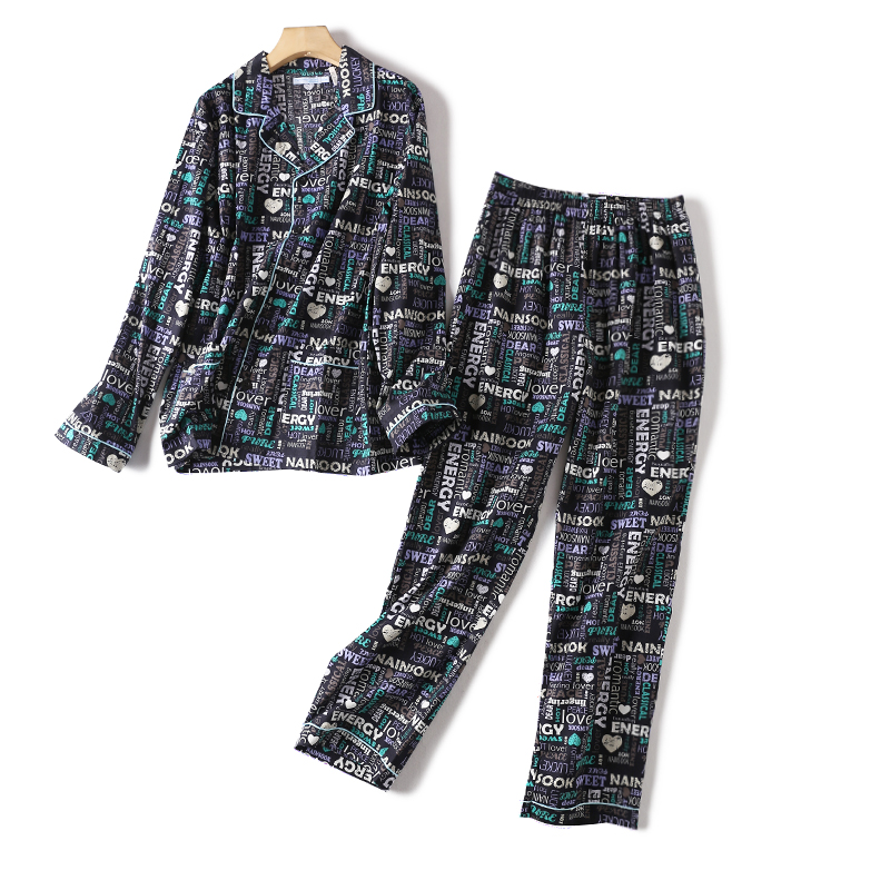 小翻领前扣长袖长裤印花薄款棉质