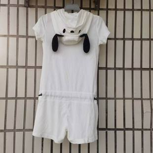卡通萌繡花耳朵連帽拉鏈短袖 短褲 家居服薄毛巾夏連體衣女E200 包郵