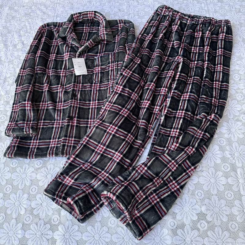 翻领格子前扣长袖长裤法兰绒睡衣