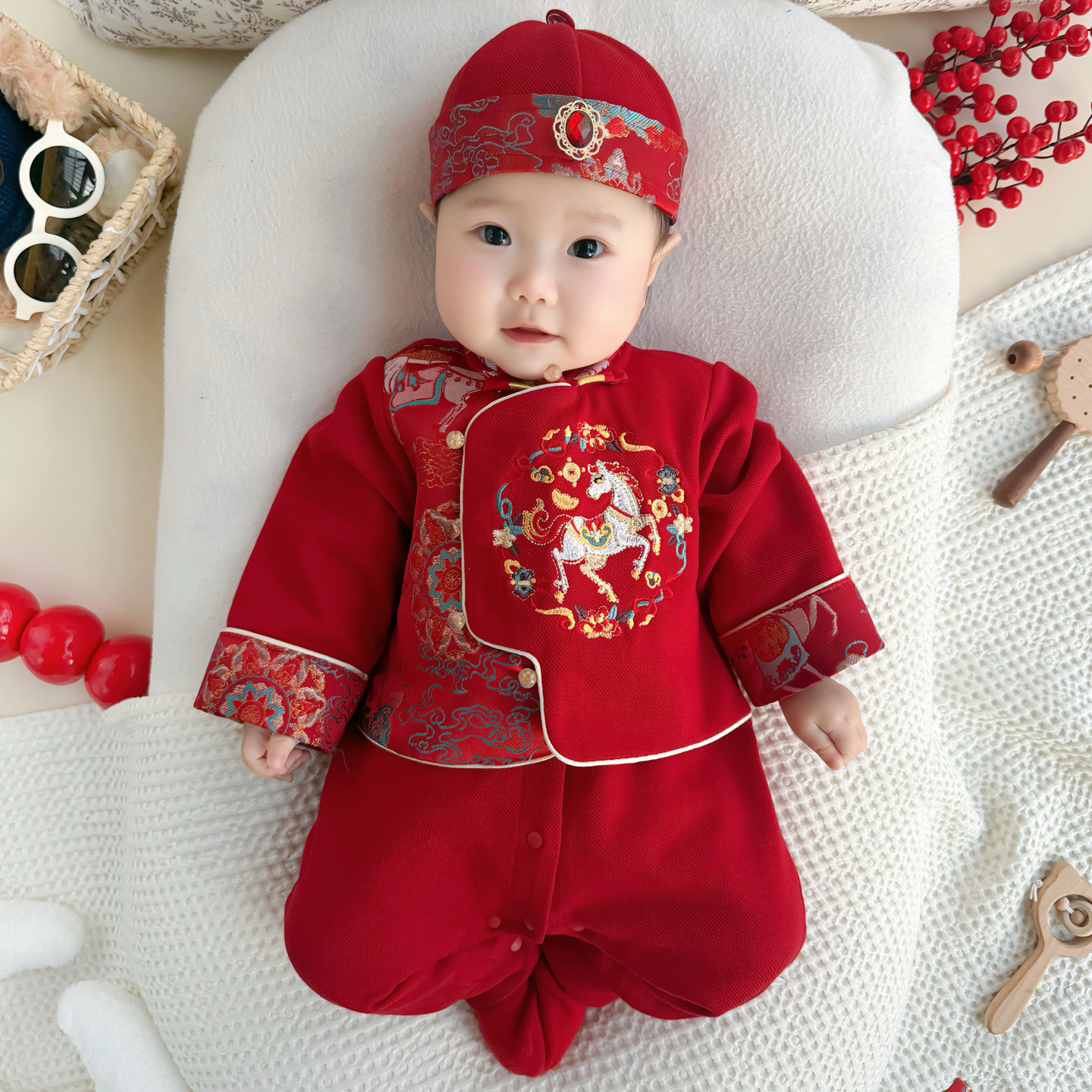 婴儿连体衣春季马年新生满月百天喜庆红色唐装男孩周岁礼服男宝宝