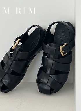 RIM RIM大头型编织罗马鞋新款复古黑色单鞋女真皮休闲凉鞋夏季
