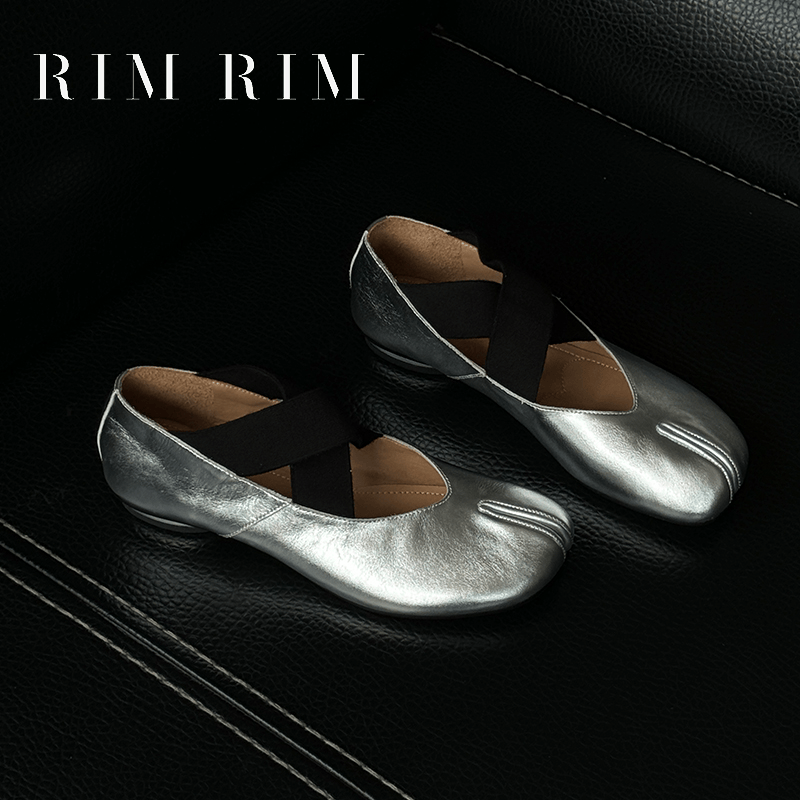 RIM RIM聆里马皮分趾鞋银色平底玛丽珍鞋女舒适软底浅口单鞋复古