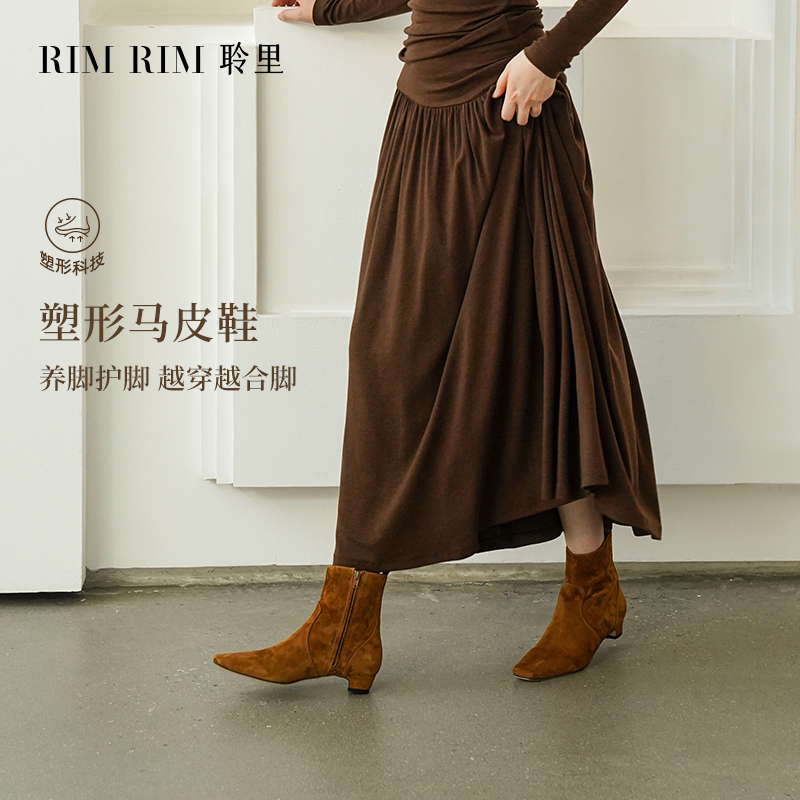 新款时装靴女粗跟瘦瘦短靴真皮