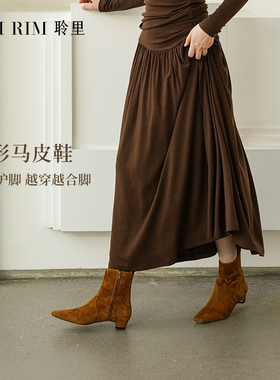 RIM RIM聆里冬季新款时装靴女显瘦后拉链粗跟羊反绒瘦瘦短靴真皮