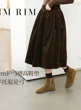 RIM RIM秋冬短靴新款内增高绒面瘦瘦靴女法式侧拉链气质真皮靴子