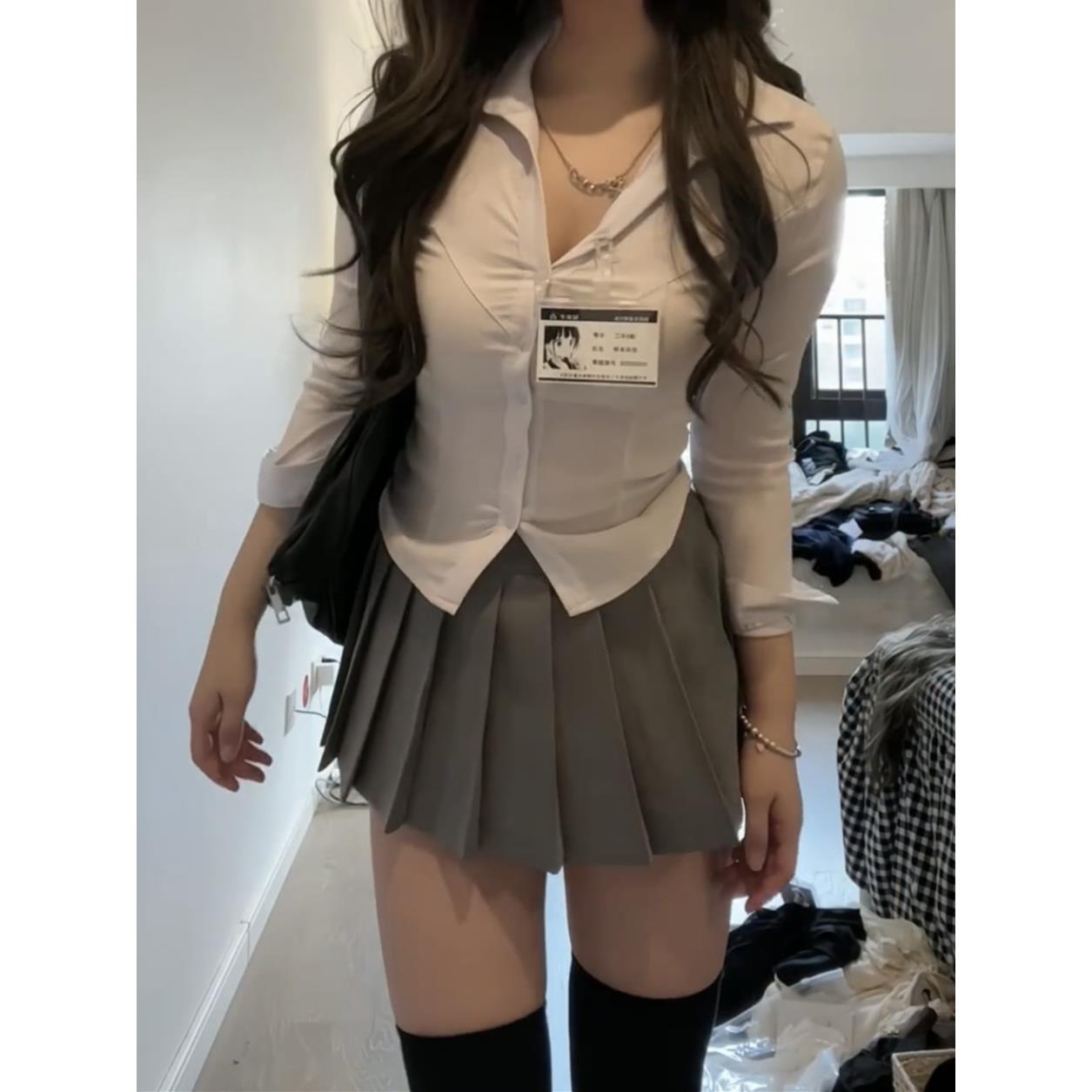 jk制服纯欲收腰白色衬衫女春秋学院风修身显瘦辣妹长袖打底上衣
