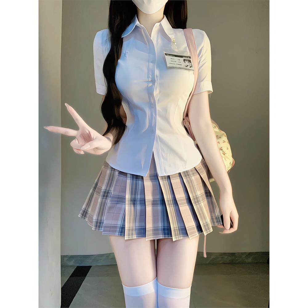 日系甜美制服裙狗短格裙套装正版原创夏季半身裙百褶短裙子全套