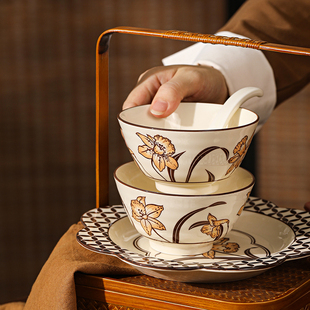 半窗花家用饭碗鱼盘汤碗高颜值釉下彩陶瓷餐具创意碗筷汤盘实用