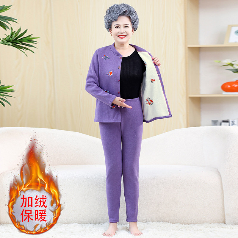 할머니의 가을 겨울 보온 속옷 세트 중년 및 노인 여성 어머니 플러스 벨벳 및 두꺼운 양털 가디건 투피스 세트