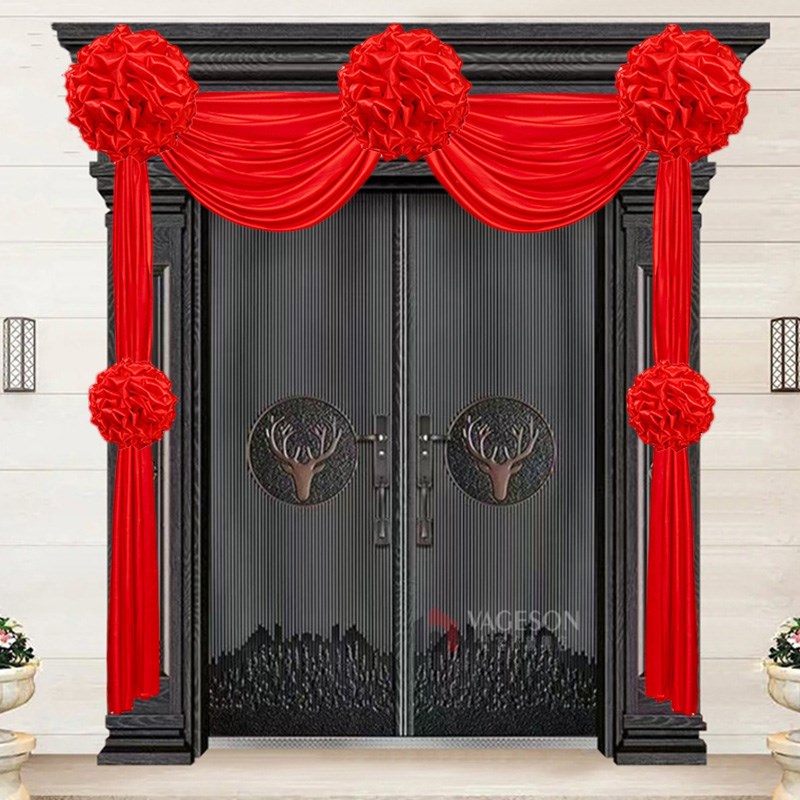 结婚大红花球大门装饰新婚房别墅自建G房阳台楼梯中式婚礼绸布拉