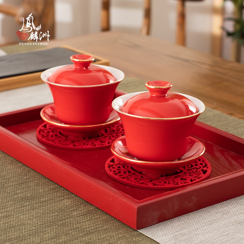 热卖陶瓷红色喜碗结婚茶具婚w庆大红三才盖碗敬茶喜杯新人龙凤对