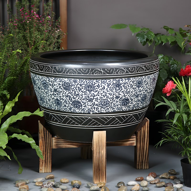 大型陶瓷鱼缸落地庭院水缸门面荷花缸碗K莲花盆吸水石假山造景客