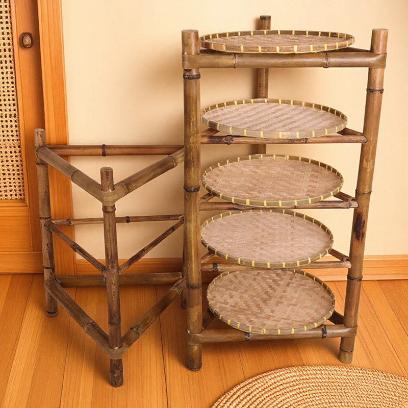 手工竹架c子竹簸箕架市井火锅竹多层楠竹晾晒架置物架三脚架菜架