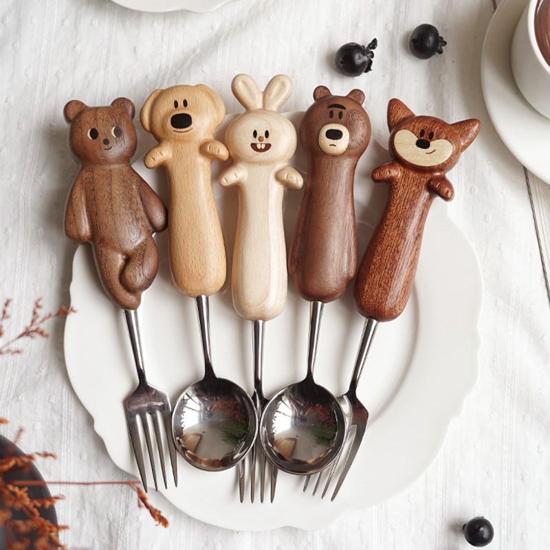 山舍丨可爱动物餐勺卡通饭勺甜品勺家用成人孩X子实木不锈钢