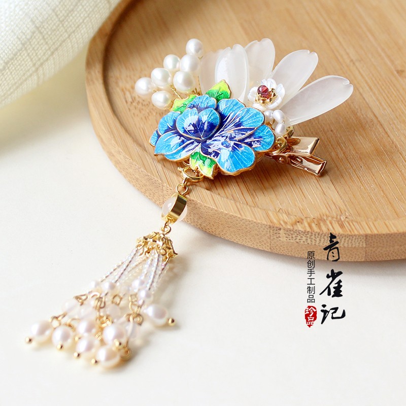 青雀记手工发簪头饰发饰汉服配F饰中式婚礼景泰蓝发夹发梳孔雀开