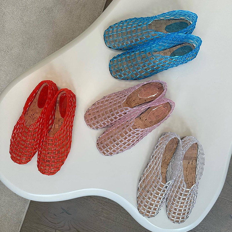 春夏蒿品质真皮底小众风平底网鞋镂空软底透明凉鞋果冻鞋水晶鞋女