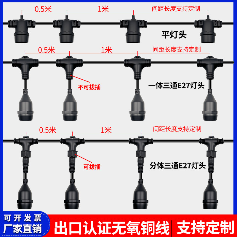 E27灯串线螺口灯头防水led带线露营婚庆氛围灯大棚养殖场一体串灯