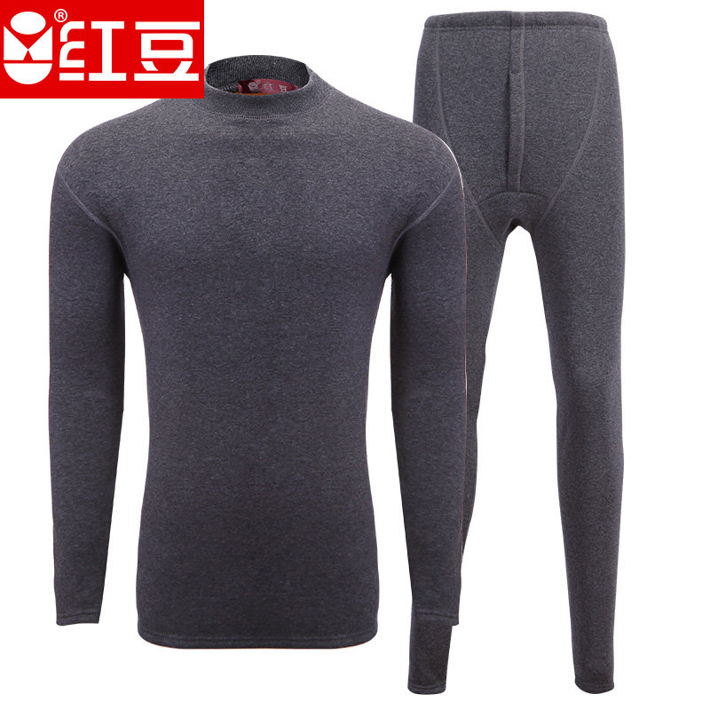 红豆男女士中高领半高领中老年加绒加厚冬季加大码保暖内衣套装