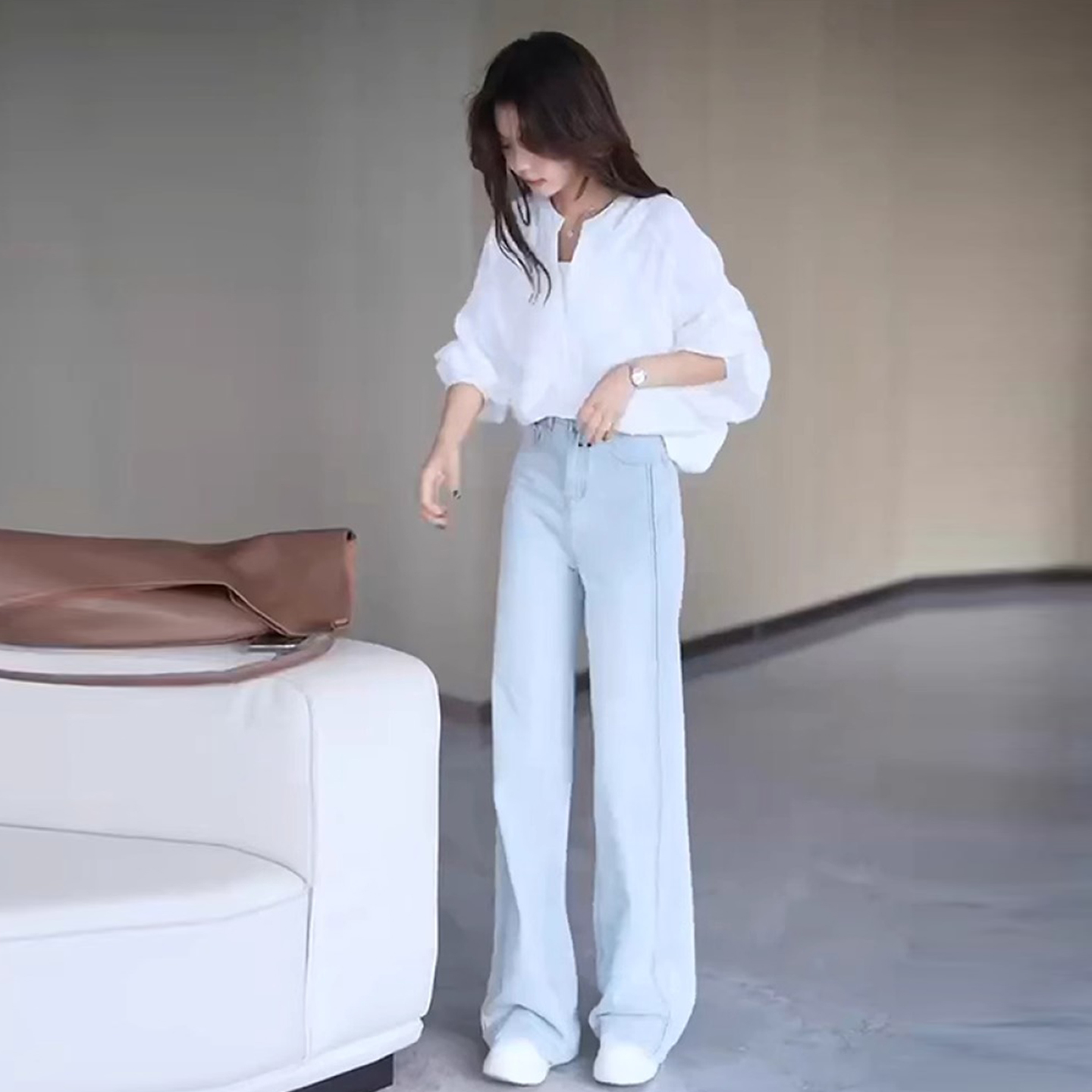 RIERA2025初夏一整套穿搭韩系高级感白色衬衫牛仔阔腿裤两件套装
