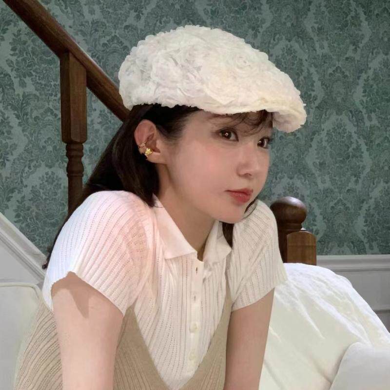 姜敏京ins同款帽子女韩国小众高级感玫瑰花前进帽街头画家贝雷帽 - 实物图