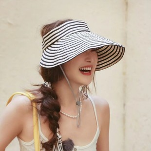 花儿与少年刘烨同款条纹遮阳空顶帽子女夏季大帽檐防晒渔夫太阳帽