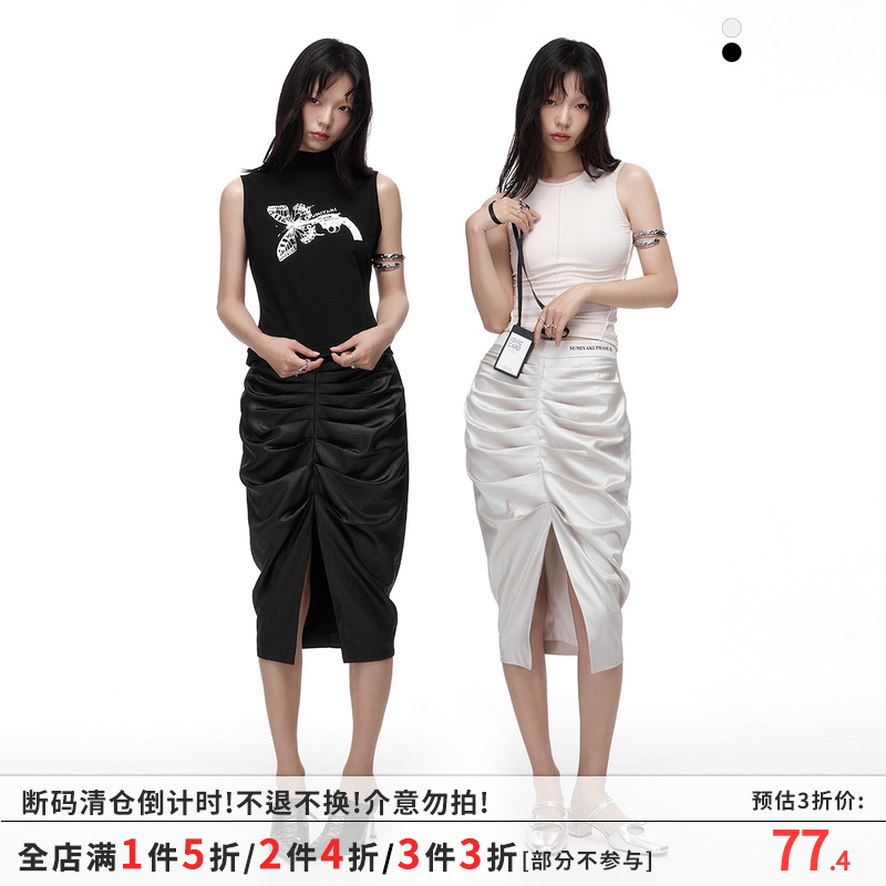 SUMIYAKI 27 高智辣妹褶皱开叉包臀裙半身裙显瘦设计感简约裙子