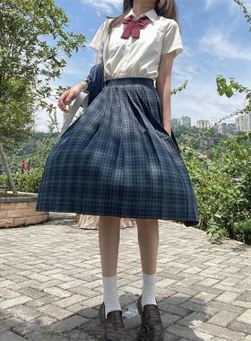 【海苔】65CM现货掉落 JK制服裙墨绿格裙优等生中长百褶裙 送领结