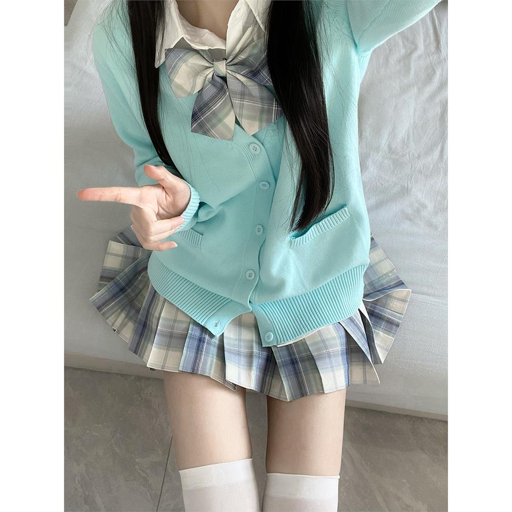 水蓝色jk制服针织开衫原创学院风长袖百搭毛衣秋季小个子女生外套