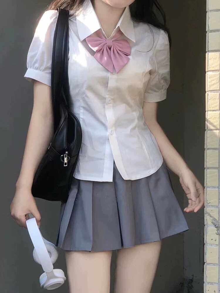 jk制服套装女夏季学院风辣妹收腰衬衫新款白色泡泡袖衬衣纯欲新款