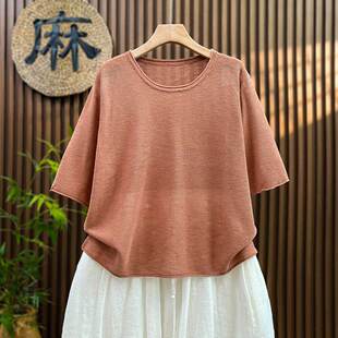【夏季薄薄薄款】大码短袖套头圆领t恤女短袖宽松亚麻针织衫上衣