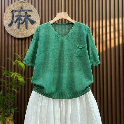 【清凉夏日】大码韩系v领短袖套头t恤女宽松亚麻针织衫短款上衣