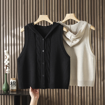 连帽针织棉线马甲背心女士秋